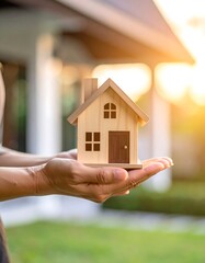 Two hands gently hold a small wooden house model outdoors at sunset