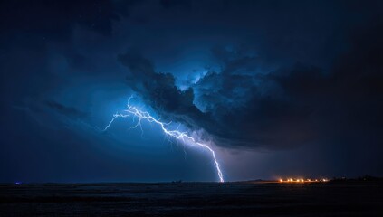 Powerful lightning strike illuminates dark night sky over the ocean