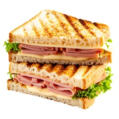 Two grilled ham and cheese sandwiches layered, lettuce visible