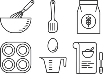 Baking Ingredients and Utensils Line Art Outline on Transparent Background