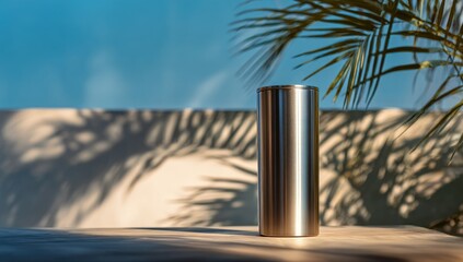 Stainless steel tumbler on a table, shadows, palm leaves