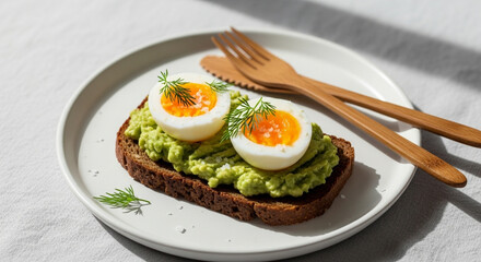 Avocado toast with boiled egg, a healthy and delicious breakfast, Egg and avocado toast with dill garnish on a white plate with wooden utensils