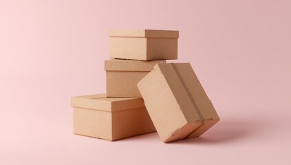 Stack of cardboard boxes on a pink background