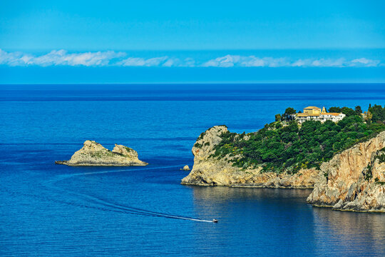 Scenic monastery of Mone Palaiokastr�tsas on Corfu coastline Greece