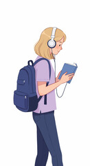 A young woman with headphones and a backpack reads a book while listening to music.