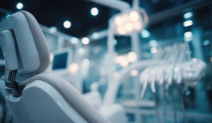 Blurred interior of a modern dental office, showcasing a patient chair and dental equipment