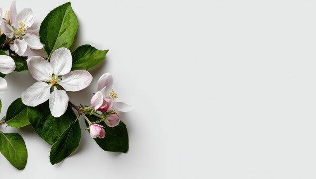 Delicate apple blossoms and leaves on a light gray background