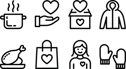 Charity Line Icons Set Pot, Heart, Food, Box, Coat, Donation, Woman & Mittens