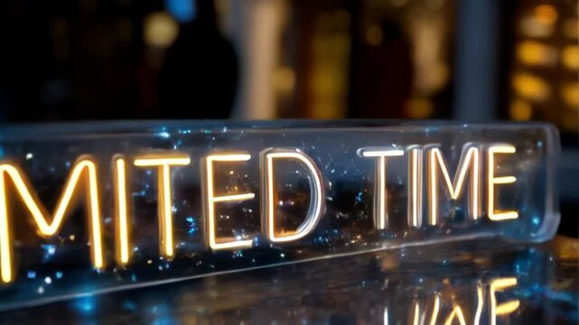 Neon sign LIMITED TIME floating above reflective surface, moody lighting