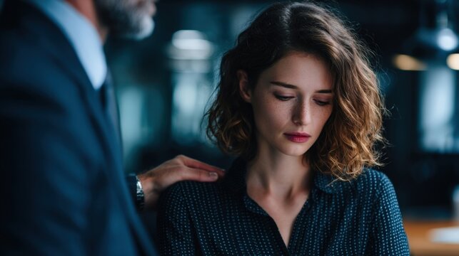 A woman expresses concern while touching, who appears conflicted. The atmosphere suggests a discussion about harassment or personal issues taking place in an office