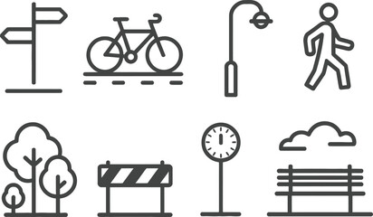 City Elements Outline Icons Set Signpost, Bicycle, Street Lamp, Person, Tree, Barrier