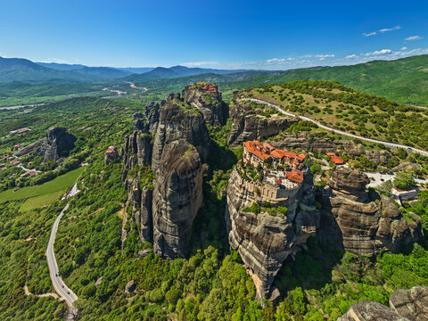Aerial view of Meteora monasteries on cliffs in Thessaly Greece