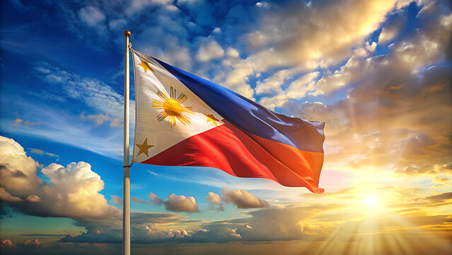 The philippine flag waves proudly against a dramatic sunset sky filled with golden sunlight and wispy clouds