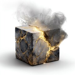 Cracked stone cube, golden fissure, smoky