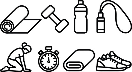 Fitness Equipment Icons Yoga Mat, Dumbbell, Water Bottle, Jump Rope on Transparent