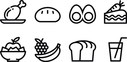Food Icon Set Chicken Leg, Bread, Eggs, Fruit Salad, Juice, Cake with Transparent BG