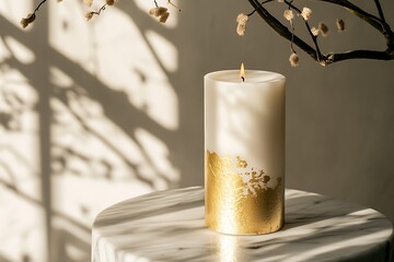An elegant white pillar candle with gold foil accents standing on a marble tabletop with shadows from a nearby window 