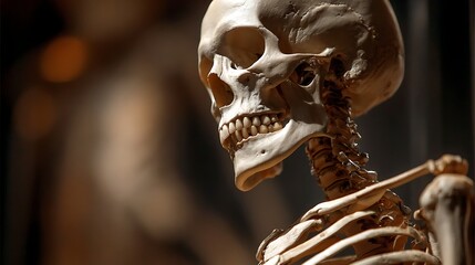 Detailed human skeleton side profile, ancient bone structure, anatomy, medical education, scientific study, detailed, realistic