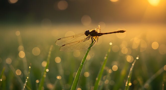 "A close-up of a dragonfly resting on a dewy blade of grass at sunrise, with bokeh in the background."
- Powered by Adobe