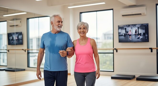 Happy senior couple walking arm in arm after a successful workout session in a bright modern gym
