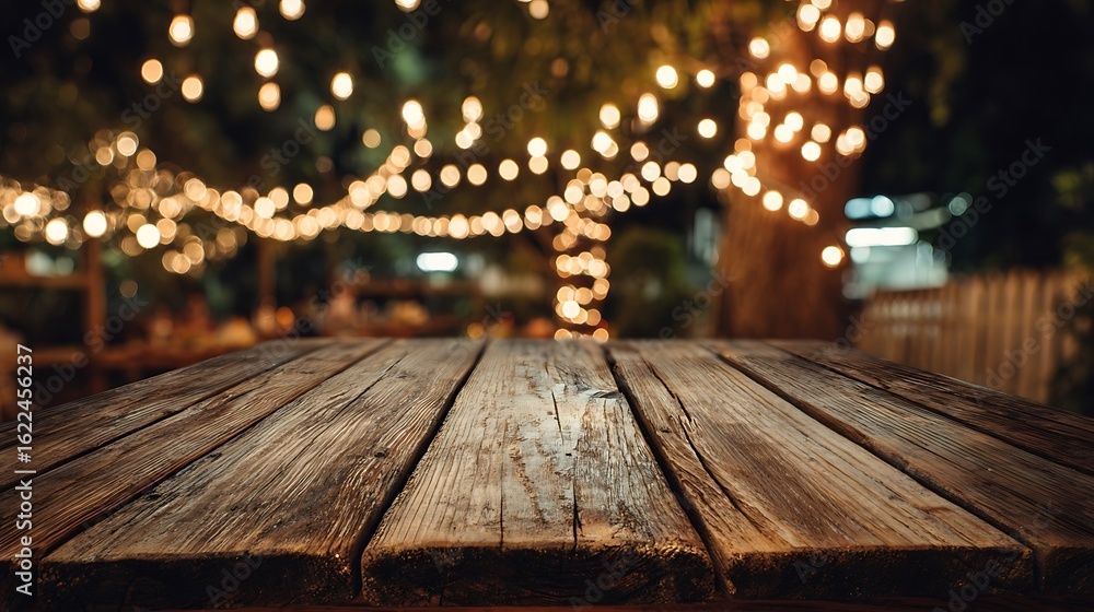 Poster rustic wooden table with festive bokeh lights background for display