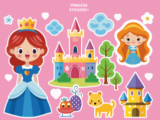 Cute Princess Stickers Featuring Cartoon Princesses Castles and Animals Against a Pink Background for Children collection colorful