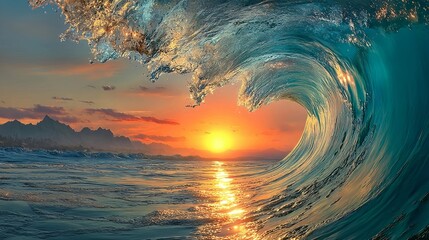 Sunset Wave Natural Landscape: Golden Sunset and Blue Waves, Conveying Tranquility and Magnificence Atmosphere