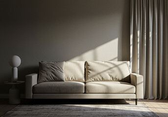 Cozy living room sofa bathed in warm sunlight and shadows