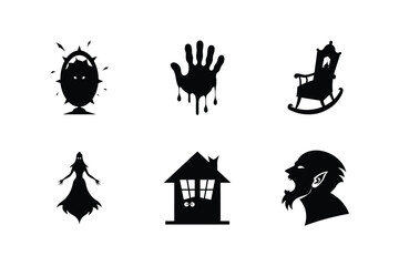 Halloween Elements Set. Haunted Mirror, Zombie Hand, Spooky Rocking Chair, Phantom, Ghostly Manor, Vampire Head Vector Illustration.