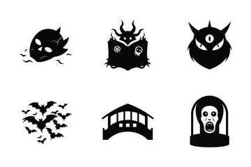Halloween Elements. Broken Skull in Water, Demonic Spellbook, Mystical Cyclops, Swarm of Bats, Old Bridge, Petrified Ghost in a Jar Vector Illustration.