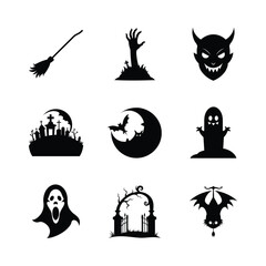 Halloween Icons Set. Witch Broom, Zombie Hand, Devil, Graveyard, Moon and Bats, Ghost, Screaming Ghost, Cemetery Gate, Hanging Bat Vector Illustration.