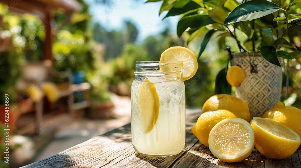 Poster refreshing lemonade drink with lemon slices on a wooden table in a garden setting