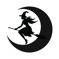 Witch riding with broomstick silhouette vector illustration.