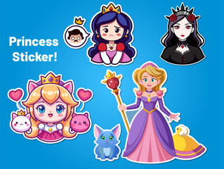 Collection of Cute Princess Stickers with Various Styles and Accessories on a Bright Blue Background for Digital or