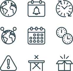 Line Icon Set of Globe, Calendar, Clock, Warning, & Box on Transparent Background