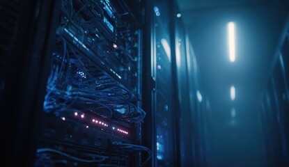 Server rack filled with tangled wires in a dimly lit data center
