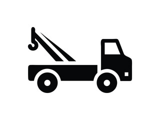 Simple black silhouette icon of a tow truck with a raised boom on a white background