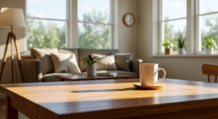 Cozy living room with coffee mug and sunlight