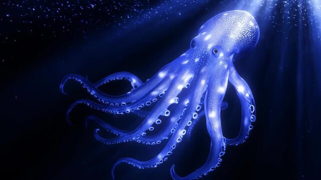 A glowing octopus swims gracefully in deep blue waters, illuminated by beams of light filtering from above during nighttime