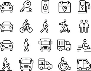 Mobility Outline Icons Set Car, Bike, Bus, Scooter, Walking, Accessibility & Fuel