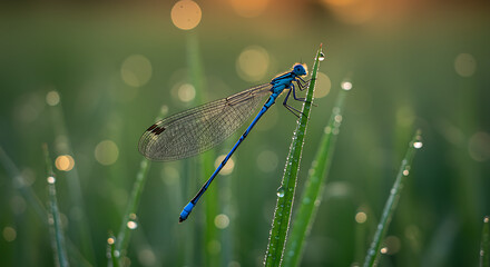 "A close-up of a dragonfly resting on a dewy blade of grass at sunrise, with bokeh in the background."