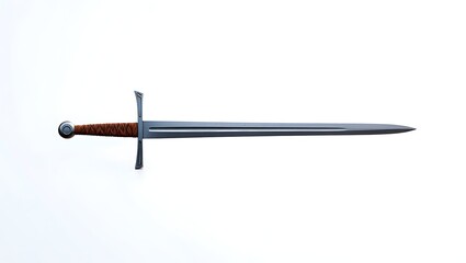 Medieval knightly sword with leather wrapped hilt on white background
