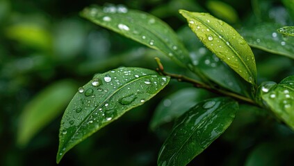Close-up of fresh green leaves covered in dew drops