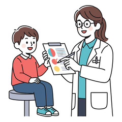 Pediatrician explaining a healthy diet plan on a clipboard to a happy child.