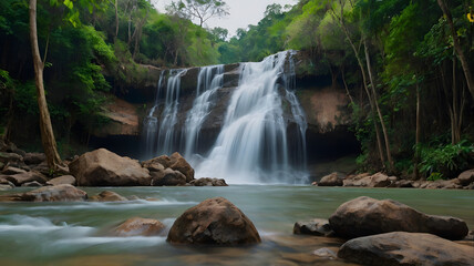 Obraz premium Krung Ching Waterfall, requires walking on foot from the Visitors Centre along a nature trail through the abundant forest. Along the way, there are different plants and trees to see and study,