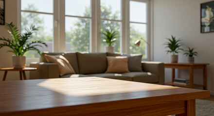 Sunlit living room with sofa and coffee table