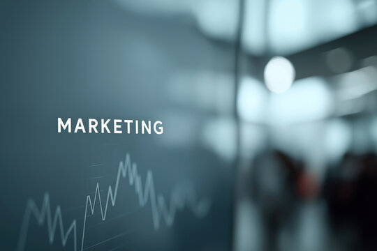 Marketing department signage overlooks blurred office environment with ascending trend visualization.