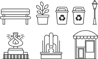 Park Elements Outline Bench, Potted Plant, Recycle Bins, Lamp, Statue, Fountain, Shop