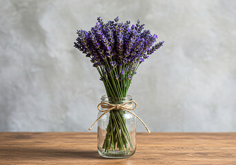 Fresh lavender bouquet in a glass jar on a wooden table