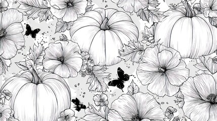 Detailed grayscale illustration of pumpkins, flowers, leaves, and butterflies